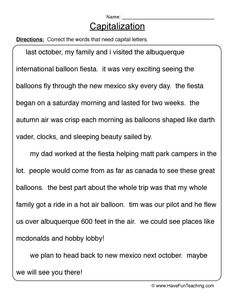 the capitalization worksheet for students to use in their writing and reading skills