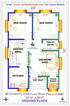 the floor plan for a house in india with three bedroom and two bathrooms on each side