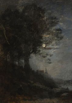 an oil painting on canvas of a wooded landscape with a house in the foreground