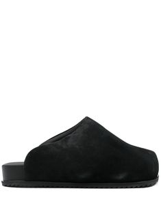 black calf suede slip-on style square toe branded footbed full lining EVA midsole rubber outsole Square Toe Shoes, Balenciaga Track, Leather Slippers, Balenciaga Triple S, Custom Watch, Slides Shoes, Derby Shoes, Athletic Sneakers, Espadrille Shoes