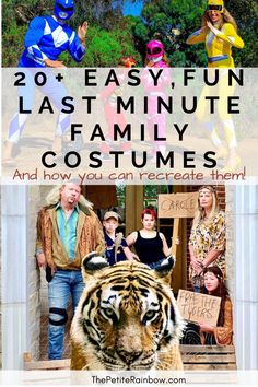 people in costumes standing around a tiger with the words 20 easy fun last minute family costumes and how you can recycle them