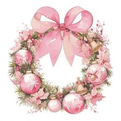 a christmas wreath with pink ornaments and bows on it's side, painted in watercolor