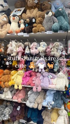 many stuffed animals are on display for sale in a store with the words stuffed animals are so cute