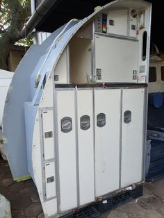 the inside of a boat with doors open