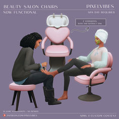 a woman sitting in a pink chair next to a man who is shaving his legs