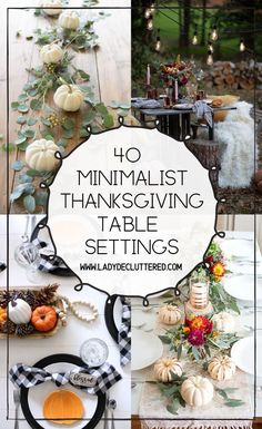 several different thanksgiving tables with pumpkins and other decorations