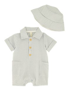 Short Sleeves, Shirt Collar, 2 Piece Set, Bottom Snap Closure, Hat Included, Gingham, Gauze Knit, Item Number 7506044580044 Spring Baby Boy Outfits, Baby Boy Bonnet, Knit Gingham, Baby Boy Summer Clothes, Boy Bonnet, Spring Baby Boy, Spring Baby Clothes, Charlie Boy, Short Sleeves Shirt