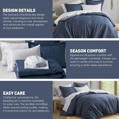 three different types of bedding and comforters with instructions on how to use them