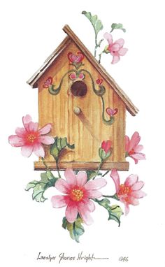 a birdhouse with pink flowers on the outside and green leaves on the inside, painted in watercolor