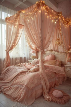 a bedroom with pink bedding and fairy lights on the ceiling, along with curtains