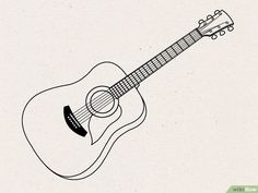 an acoustic guitar drawn in black and white on a piece of paper with the words,