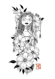 a drawing of a girl with flowers on her head