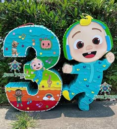 a cartoon character is posed next to the number 350 in front of some plants and bushes