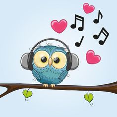 an owl with headphones is sitting on a branch and music notes are flying around