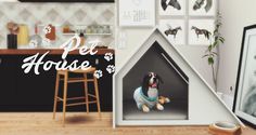 a dog in a house with the words pet house on it's front and side