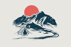 a drawing of a tent in front of mountains with the sun setting behind it,