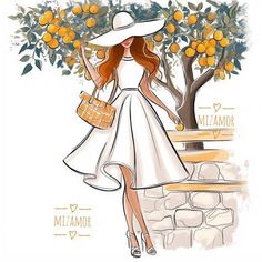 a woman in a white dress and hat standing next to a tree with oranges on it