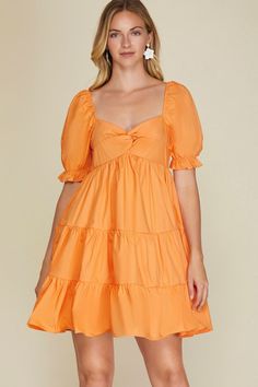 Puff sleeve mini dress. Features: Sweetheart neckline Short puff sleeves Twist detail Tiered skirt Fabric: 100% Cotton SY6010 Taking Risks, Puff Sleeve Mini Dress, Skirt Fabric, Dress Orange, Curvy Jeans, Stunning Outfits, Curvy Dress, Woven Dress, Tier Skirt