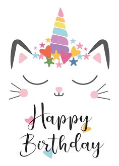 a happy birthday card with an image of a cat wearing a unicorn hat and stars