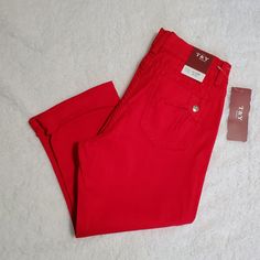 Nwt Red Capris With Cute Button Details. Size 9/10. Red Cotton Bottoms With Button Closure, Trendy Red Bottoms With Button Closure, Red Button Closure Bottoms For Summer, Red Summer Bottoms With Button Closure, Summer Red Bottoms With Button Closure, Red Jumpsuit, Red Color, 9 And 10, Fashion Pants