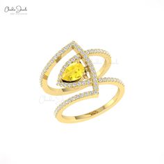 Cocktail Style Statement Ring Elegant Yellow Pear-shaped Diamond Ring, Elegant Pear-shaped Yellow Gold Birthstone Ring, Yellow Diamond Ring For Wedding, Yellow Diamond Ring With Accents For Wedding, Pear-shaped Yellow Diamond Ring For Wedding, Yellow Wedding Rings With Diamond Accents, Elegant Yellow Open Ring, Pear-shaped Yellow Gold Cubic Zirconia Wedding Ring, Elegant Yellow Rings With Diamond Accents