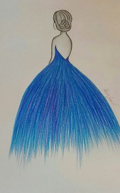 a drawing of a woman in a blue dress with her hair pulled back to the side