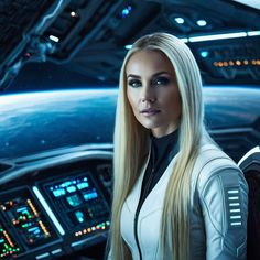 a woman with long blonde hair standing in front of a space station looking at the camera