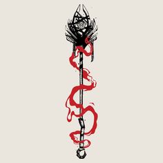 a black and red drawing of a dagger with snakes on it's end, against a white background