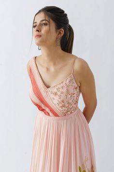 Buy Suruchi Parakh Pink Georgette Crepe Hand Painted Gown Online | Aza Fashions Saree Dress Gowns, Crepe Gown Styles, Reception Cocktail, V Neck Gown, Indian Outfits Lehenga, Gown For Women, Fancy Gowns, Pink Gown, Frock For Women