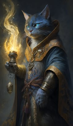 a painting of a cat dressed as a knight holding a candle and wearing a golden armor