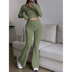 -Item Id 26175142 -Details: Rib-Knit -Neckline: Collar -Sleeve Type: Regular Sleeve -Style: Casual -Color: Dark Green -Pattern Type: Plain -Outerwear Sleeve Length: Extra-Long Sleeve -Outerwear Length: Crop -Pants Length: Long -Outerwear & Pants Material: Fabric -Top Type: Tee -Outerwear & Pants Composition: 96% Polyester, 4% Elastane -Bottom Type: Pants -Pants Body: Unlined -Temperature: Spring/Fall (18-25/63-77) -Fit Type: Slim Fit -Fabric: High Stretch -Care Instructions: Hand Wash Or Profess Leg Pants Outfit, Spring Knits, Sweater Crop, Top And Pants Set, Moda Plus, Flare Leg Pants, Tracksuit Women, Long Sleeve Turtleneck, Knit Crop Top