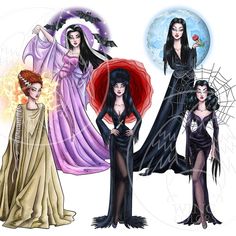 three women dressed as witches and one is holding a rose in her right hand while the other two are wearing long black dresses