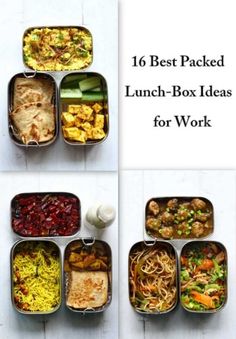 four different lunch boxes filled with food and the words, 16 best packed lunch - box ideas for work