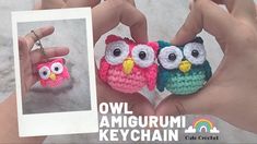 two small crocheted owl keychains are being held by someone's hands