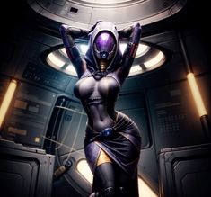 a woman in a futuristic space suit with her arms up and hands behind her head