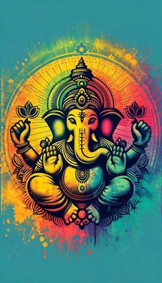 an image of the god ganesha painted in rainbow colors on a blue background