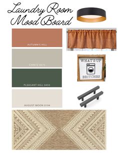 the laundry room mood board is shown with neutrals, browns and green tones to match