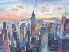 a painting of a cityscape with skyscrapers in the foreground and clouds in the background