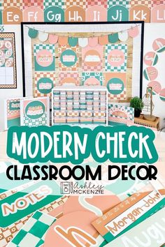 the modern check classroom decor is displayed on a table