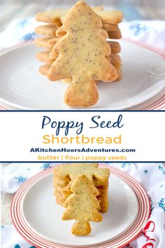 two plates with shortbread cookies shaped like a christmas tree and the words poppy seed shortbread on them