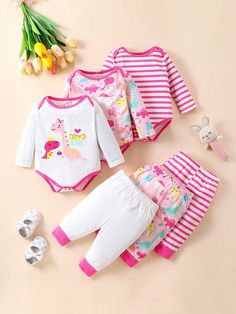 Newborn Baby Girls' And Boys' Dinosaur Striped Printed Bodysuit With Pants Set Hot Pink   Long Sleeve Knitted Fabric Cartoon,Striped,Random Print  Medium Stretch  Newborn Baby Clothing, size features are:Bust: ,Length: ,Sleeve Length: Pink Manga, Pink Collars, Baby Set, Baby Outfits Newborn, Kids Sleepwear, Baby Clothing, Baby Sets, Long Sleeve Knit