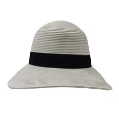 Dimensional, asymmetrical brim sun hat for women. 3.5" wide brim on front, narrows to 2" in back. Black ribbon band with bow in back. Cotton band inside with elastic tie to adjust fit. Packable golf hat. UPF 50+ sun protection hat. Women's large and extra-large size hats are available. Medium (57 cm). 100% paper straw. Adjustable Curved Brim Cloche Hat With Upf 50+, Adjustable Cloche Hat With Upf 50+ And Curved Brim, Lightweight Adjustable Cloche Hat With Wide Brim, Elegant Solid Color Hat Bands For Beach, Elegant Hat Bands For Beach, Chic Summer Hat Bands, Chic Solid Hat Bands For Summer, Classic Wide Brim Cloche Hat For The Beach, Classic Wide Brim Cloche Hat For Beach