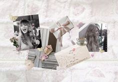 a collage of photos with flowers, pictures, and an envelope on it's side