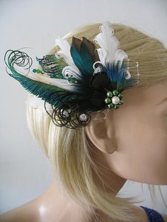 White Green Teal Duck and Peacock Feathers Fascinator Hair Clip "Reva" Bridal Wedding Rustic Barn Co Bohemian Wedding Headband With Handmade Flowers, Bohemian Adjustable Fascinator For Weddings, Bohemian Wedding Headpiece With Handmade Flowers, Whimsical Adjustable Headband For Wedding, Wedding Feather Headband Hair Accessories, Adjustable Feather Hair Accessories For Wedding, Adjustable Feathered Hair Accessories For Wedding, Wedding Hair Accessories With Feathers, Green Headband Fascinator For Wedding