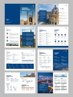 the blue and white brochure is displayed in several different positions, including one for each