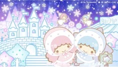 an animated image of two people standing in front of a castle with snowflakes