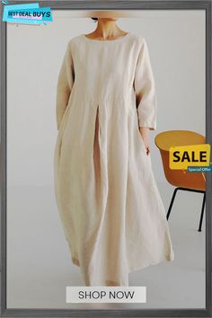 Loose Linen Maxi Dress with Side Pockets Casual Long Sleeve Vintage Dress For Summer, Beige A-line Long Sleeve Dress For Spring, Plain Shift Midi Length Dress, Plain Shift Midi Dress, Plain Shift Dress, Midi Length, Beige Spring Dresses With Pockets, Plain Midi Length Spring Dresses, Plain Midi Length Dresses For Spring, Beige Long Sleeve Shift Midi Dress