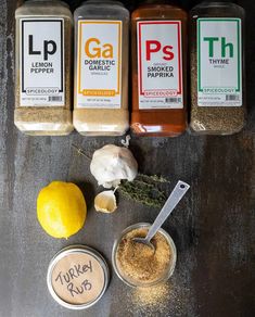 spices and herbs are arranged on a table