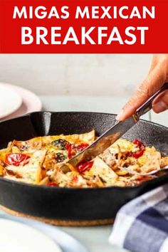 Mexican migas in a skillet Mexican Breakfast Strata, Migas Recipe Mexican Breakfast, Tortilla And Eggs, Vegetarian Mexican Breakfast, Eggs And Tortillas, Recipe With Tortilla, Mexican Breakfast Ideas, Breakfast Tostada, Breakfast Brunch Ideas