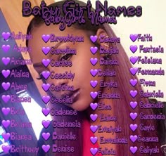 a woman with long hair and purple hearts on her face is surrounded by words that spell out the names of baby girl names